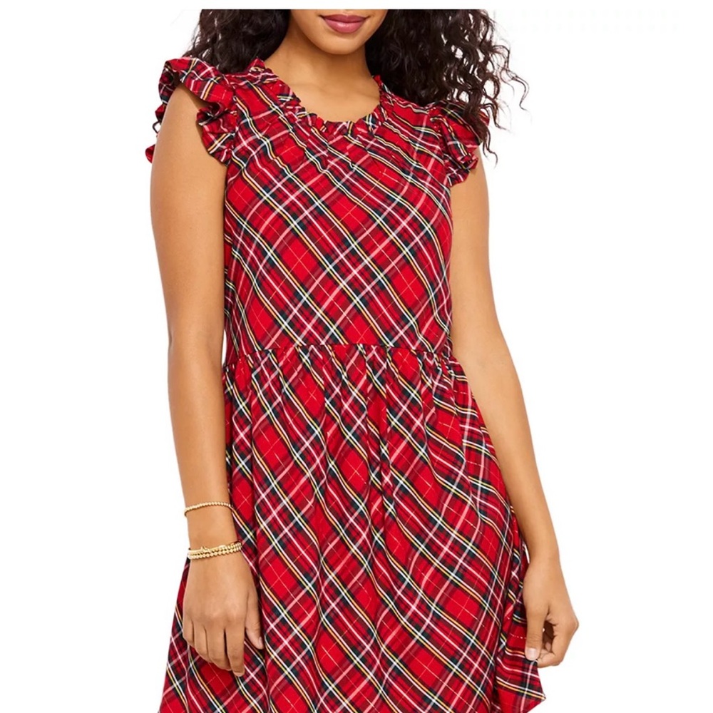 Vineyard Vines Red Plaid Mini Dress with Ruffle Sleeves